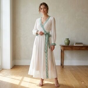 EDDY Anthropologie Rachael Wrap Midi Robe Alabaster Ivory Grassy Knoll Floral XS
